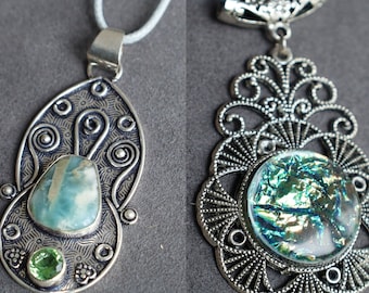 2x 925 Larimar, Tsavorite pendant and a Firey Labradorite pendant necklace. It symbolizes prosperity, vitality, and longevity.