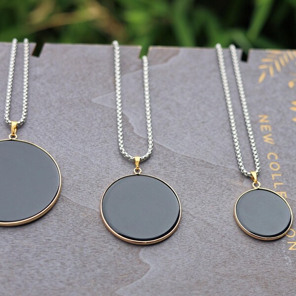 NEUER Anhänger aus schwarzem Spiegel-Obsidian in Scheibenform. Mit Edelstahlkette. Einzigartig für Wahrsagen und Weissagung. 3 GRÖSSEN