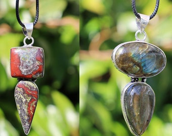 2x 925 Dragon Blood Jasper Silver Plated Pendant and Fiery Labradorite. Gemstone pendant, gemstone necklace, gemstone amulet, gemstone