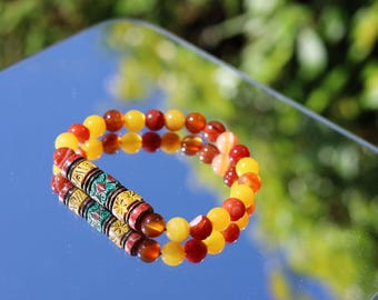 Andean Barrel Bead Bracelet | Yellow Chalcedony Jade • Red Striped