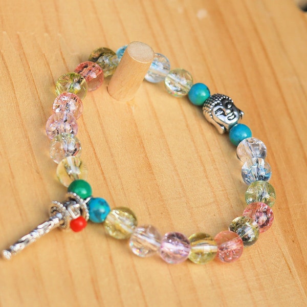 Natural Himalayan Rainbow Quartz Crystal Gemstone Beads Bracelet.  Beautiful metal charm/pendant: Miniature Tibet Prayer Wheel