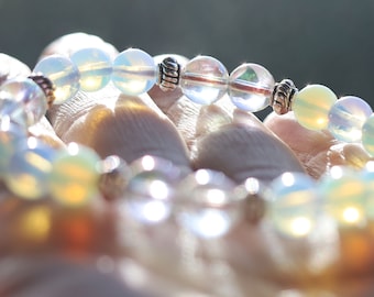 Gahiṇā Jewel Collection - Classy Bracelet with Opalite and Angel Aura. Top quality and Tribal Silver Plated Spacer Beads. Mindfully made!