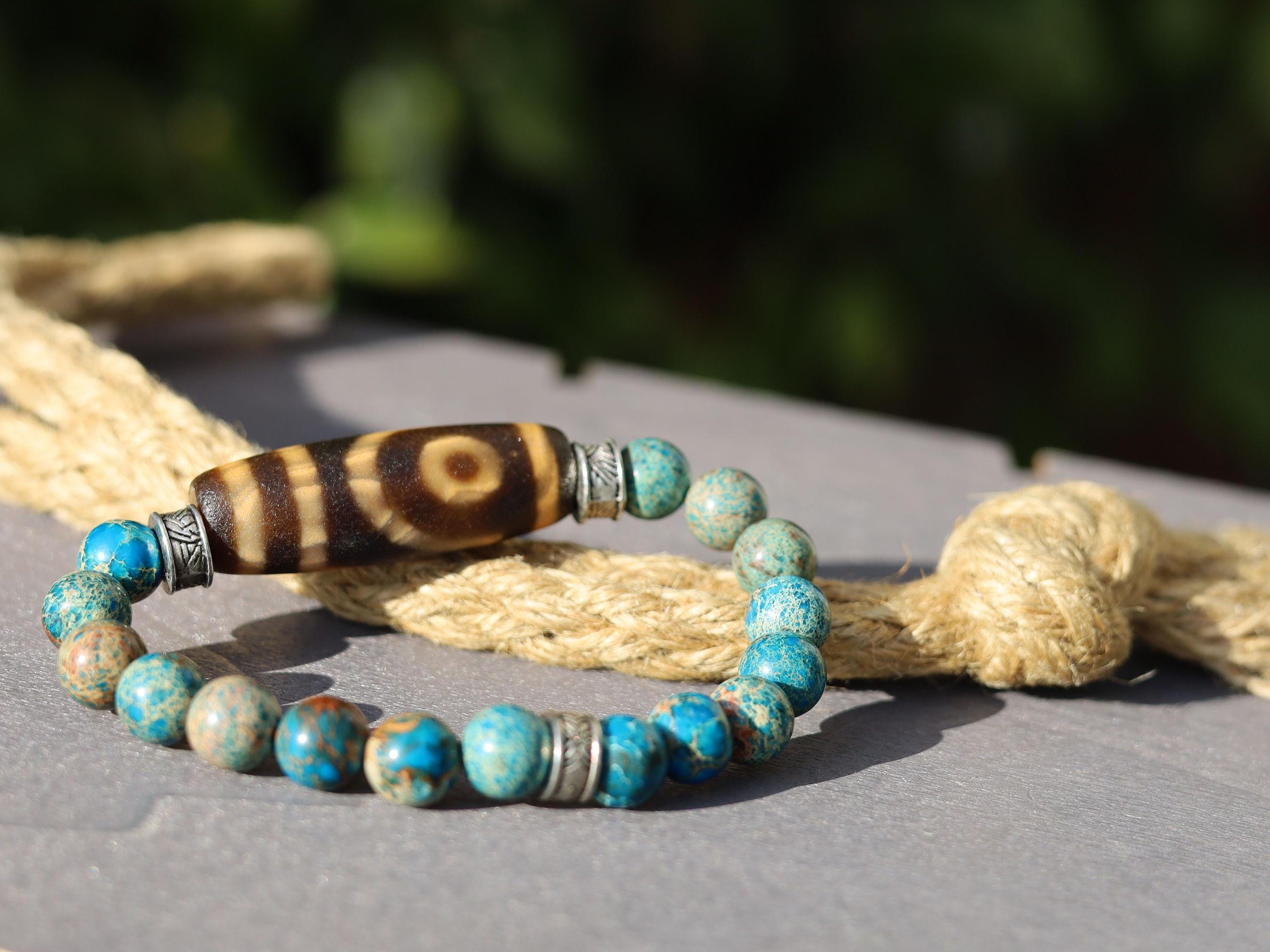 Handmade Turquoise Beaded Stretch Cuff Bracelet With Wood Buckle - Blue, Indonesia