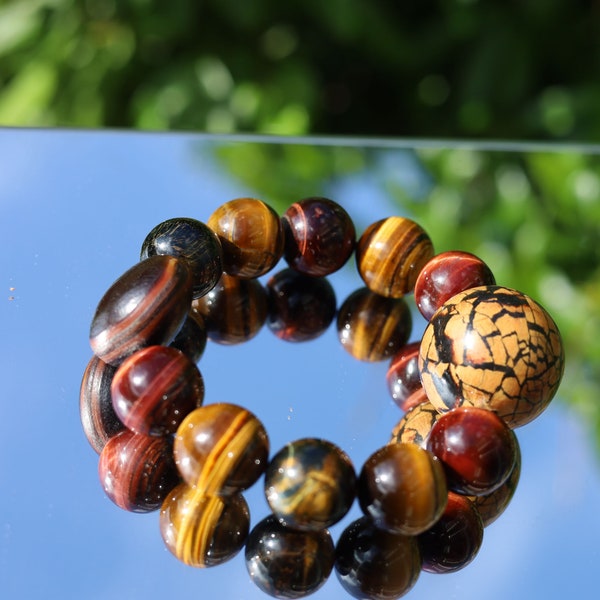 RARE Bracelet grosses boules Oeil de Tigre 18 mm et graine Jambo 15mm et Ojo de buey Equador graine 26-30 mm. une combinaison belle et unique