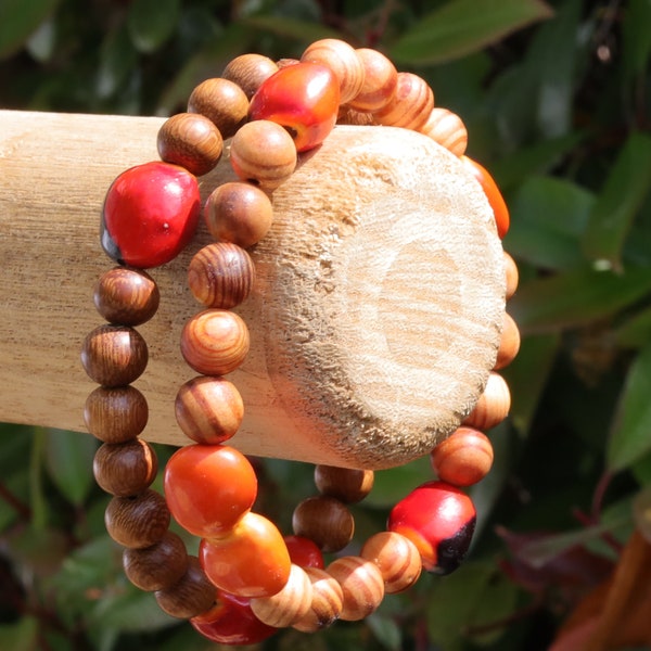 Wooden bracelet set. Madre de Cacao Wood beads with 5x Huayruro grande. Raja Kayu matte beads with 5x Huayruro grande