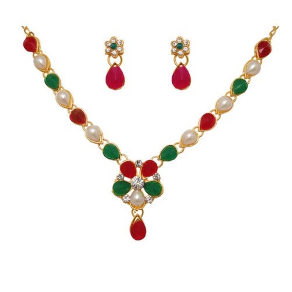 6x Various special Indian jewelry sets. Green Pota Stone Pearl, Floral Design Necklace Set, aang Tikka,  Mahi Ethnic Gold Plated