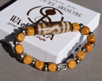 Old Ruyi Dzi bead Agate bracelet with Natural Wood Beads, Lead Free, Dyed, Cube, Coconut Brown and Round Metal Beads