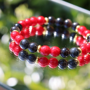 Natural Faceted Red Coral Stone bracelet with Natural Stone Beads Black Obsidian. helping to shield against negative energies