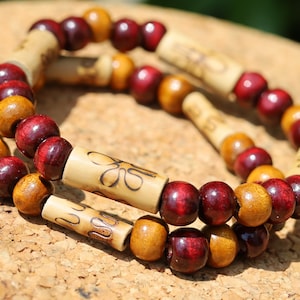 Wooden collection - 2x BRACELETS Cherry Red Brown roundel beads 8x7mm Natural Wood. Combined with unique pattern Bamboo beads.