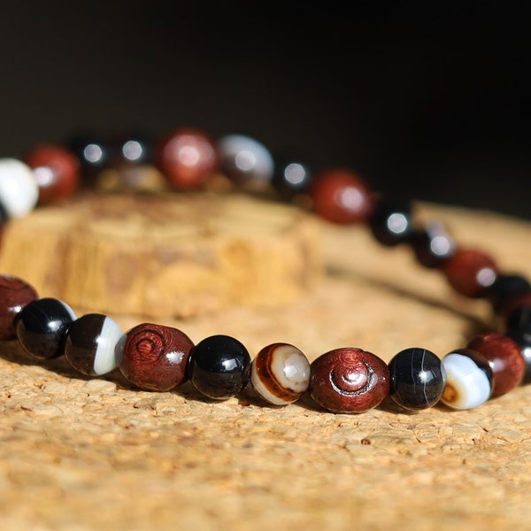 4 models Unique Natural bracelets. engraved stylized spiral decoration, Jichimu Wood bracelet, Crazy Horse Stone with black Agate