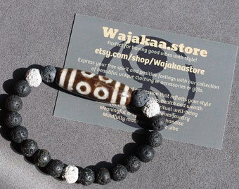 Old Eight-eye eyed Dzi bead Agate with black, white lava beads offer a unique and natural element to jewelry designs