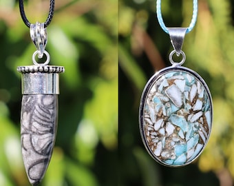 2x 925 Orthoceras Silver Plated Pendant and Copper Mohave Larimar. Gemstone pendant, gemstone necklace, gemstone amulet
