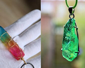 2x 925 Colorful Quartz Crystal Rainbow Stone Wire Wrapped Hexagonal Crystal Pendant. And Titanium Quartz, also known as Flame Aura Quartz