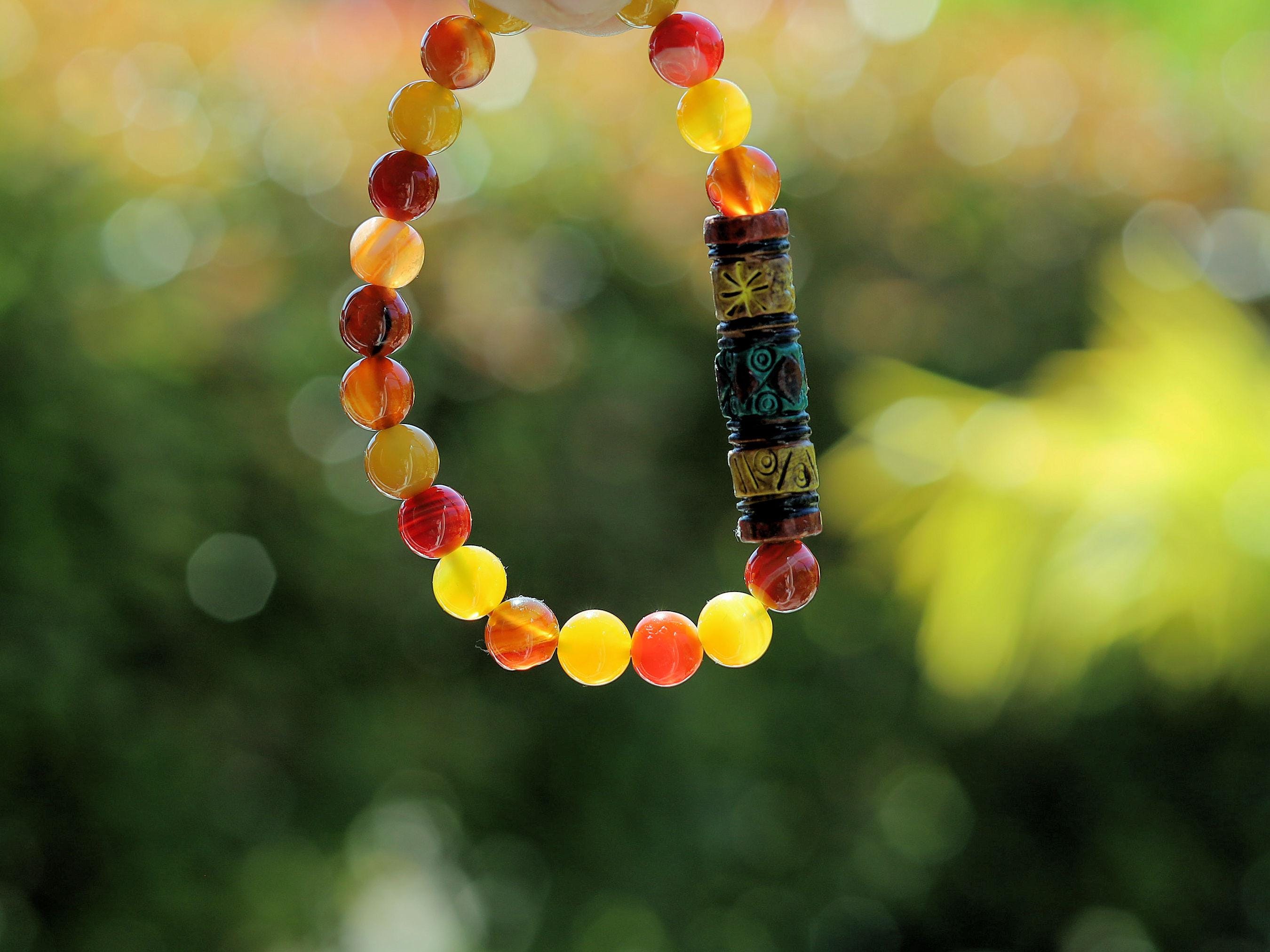 Andean Barrel Bead Bracelet | Yellow Chalcedony Jade • Red Striped