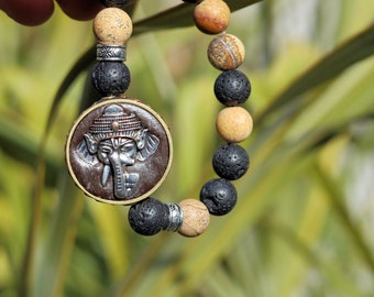 Vaḍā Bīḍa collection - Beautiful very special prayer bead from Nepal: Ganesha Picture Jasper wisdom, majesty, good luck, loyalty, strength.