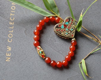 Śānadāra Jewel Collection - Scarce red Carnelian with Handmade Indonesia Bead, with Brass Findings Heart
