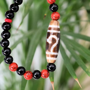 Old Ruyi Dzi  bead Agate bracelet with Agate and Red Howlite. Good Luck Tibetan Black Agate Bead. calming the mind, reducing stress