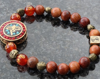 Heavenly Natural Wood Beads with Buddha eyes Bead Combined with Wajakaa © Logo bead and 6 Buddha head, Antique Bronze.