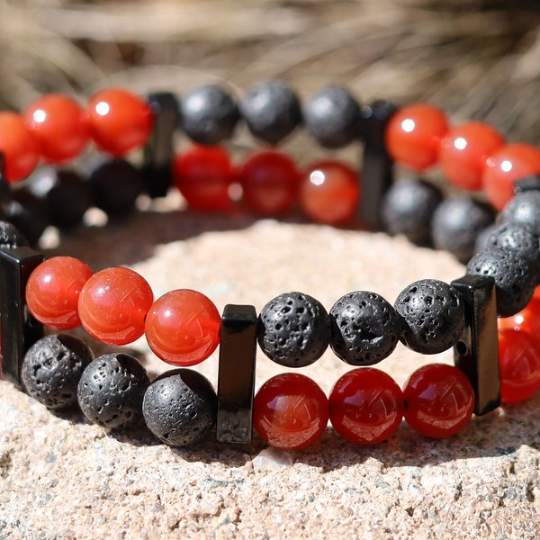 Crazy Double row beaded bracelets. Two Row Stone Bracelets.  Stone Red Chalcedony with Lava rocks. handmade  on-trend unique jewelry