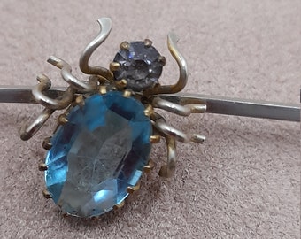 Broche Barrette Vintage Métal Doré Avec Pierre Bleue - Bijou Ancien Sans Marque