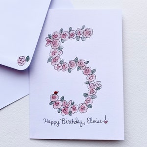 Personalised Birthday Card-Number with pink flowers and ladybeetle/First Birthday Card for Daughter Niece/Original Hand Painted Watercolour