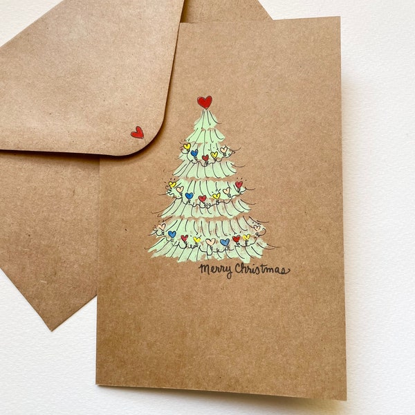 Simple Hand Painted Christmas Card- Blank/holiday card/watercolour/handmade/Christmas tree /brown kraft paper/Merry Christmas Card/Cute