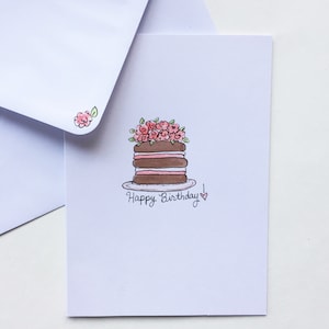 Cake Birthday Card, Handpainted Card, Birthday Card for Friend Sister or Auntie