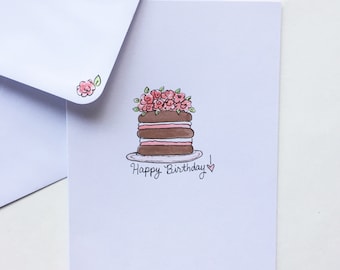 Cake Birthday Card, Handpainted Card, Birthday Card for Friend Sister or Auntie