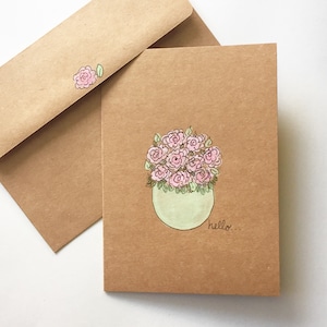 Original Hand Painted 'Hello' note card- Blank/Greeting card/watercolour/handmade/bouquet/flowers/brown kraft paper/envelope