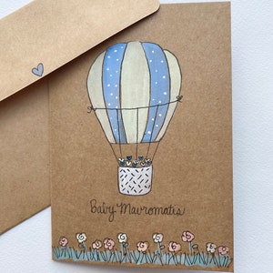 Personalised Baby Shower Card/Hand Painted Baby Shower Card/New Baby Card/Hot Air Balloon with Hearts and Flowers/Blank