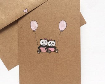 Twin Baby Shower Card-Pandas | Carte d'anniversaire originale peinte à la main | Panda Baby Shower Gift | Aquarelle | Nouvelle carte de bébé