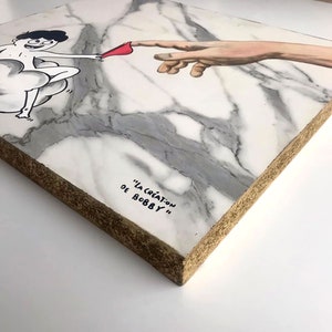 Pièce originale 55X49X4cm  "La création de Bobby" Acrylique sur stratifié motif marbre