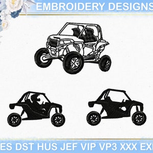 May include: Embroidery design showing three black off-road vehicle illustrations. The top design is a detailed side-view of a UTV with two figures inside. Below are two simplified versions of the vehicle, one with a driver silhouette.