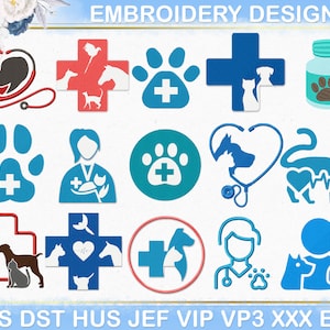 Könnte beinhalten: Eine Sammlung von Stickmustern mit Tiermotiv. Designs umfassen einen Hund und ein Stethoskop, ein Kreuz mit Tieren, Pfotenabdrücke mit Kreuzen, eine Pillenflasche und einen Tierarzt mit einem Haustier. Der Text "EMBROIDERY DESIGNS" steht oben.