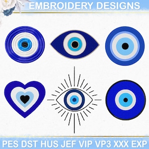 May include: Embroidery designs featuring various blue and white evil eye motifs. Designs include circular, oval, and heart-shaped eyes, along with an eye with radiating lines. The text "EMBROIDERY DESIGNS" is at the top.