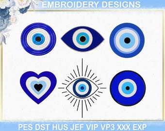 Diseño de bordado a máquina de ojo turco, archivo DST PES para protección contra el mal de ojo