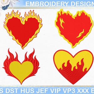 Puede incluir: Cuatro diseños de bordado con forma de corazón con detalles de llamas. Dos corazones son rojos con llamas amarillas, y dos son amarillos con llamas rojas. El texto "EMBROIDERY DESIGNS" está en la parte superior.