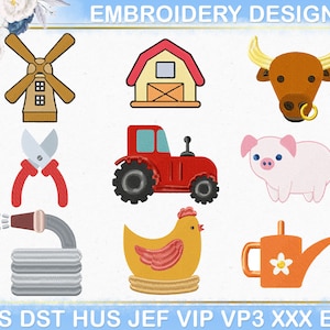 May include: A collection of embroidery designs featuring farm-themed images. The designs include a windmill, barn, bull, pruning shears, red tractor, pig, garden hose, hen, and watering can. The text "EMBROIDERY DESIGNS" is at the top.