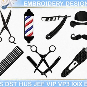 Maskinbroderidesign för barbershop, broderifil för sax och rakhyvel, pes dst-fil för barberare