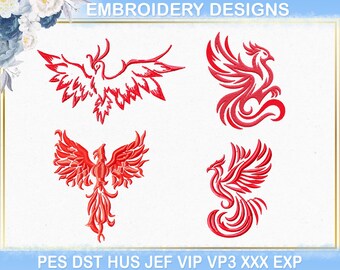 Paquete de bordado de fénix, 5 diseños de fénix en ascenso, archivos PES DST de pájaro de fuego