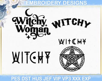 Diseño de bordado a máquina con temática de brujas, pentagrama femenino con temática de brujas para Halloween (archivo DST/PES)