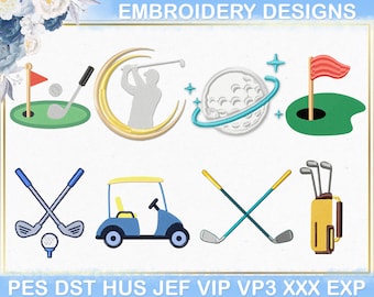 Diseño de bordado a máquina de palo de golf, archivo de bordado deportivo, diseño de bordado de pelota de golf