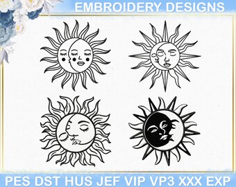 Könnte beinhalten: Vier Stickmuster mit Sonnen- und Mond-Himmelsgrafiken. Die Designs umfassen eine Sonne mit einem Mondgesicht, mit dem Text "EMBROIDERY DESIGNS" oben und Dateityp-Abkürzungen unten.