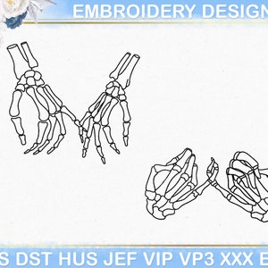 Pode incluir: Desenhos de bordado a preto e branco com mãos esqueléticas. Um desenho mostra duas mãos a segurar-se, e o outro mostra duas mãos a fazer uma promessa mindinho. O texto "EMBROIDERY DESIGNS" está no topo.