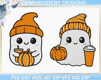Diseño de bordado a máquina de un fantasma adorable con una calabaza y un café con leche, fantasma espeluznante de Orange Bougie para Halloween y otoño (archivo DST/PES).