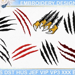 May include: A collection of embroidery designs featuring claw marks and a clawed foot. The claw marks are in black and red, while the clawed foot has yellow, black, and white details. The text "EMBROIDERY DESIGNS" is at the top.