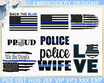 Diseño de bordado de la Línea Azul Delgada, Diseño de bordado de policía, Diseño de bordado de la bandera estadounidense de la policía, Bordado para esposa de policía