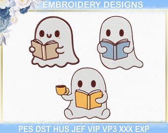 Diseño de bordado de fantasma de libro, para amantes de los libros, club de lectura, divertido, Halloween, escuela, lectura, otoño, archivo DST/PES