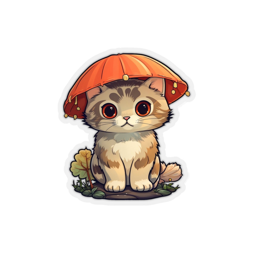 Cute Mushroom Cat Vinyl Sticker, Funny Cute Cat Vinyl Sticker, Cute