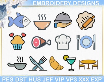 Könnte beinhalten: Eine Sammlung farbenfroher Stickmuster mit Symbolen zum Thema Essen. Designs umfassen einen Fisch, eine Schüssel Suppe, eine Hand, die eine abgedeckte Schüssel hält, Teig mit einem Nudelholz, einen Cupcake, einen Schinken, eine Kochmütze, einen Teller mit Gabel und Messer, eine Pfanne, gekreuzte Messer und Gabel, ein Croissant, einen Cocktail und einen Tisch.